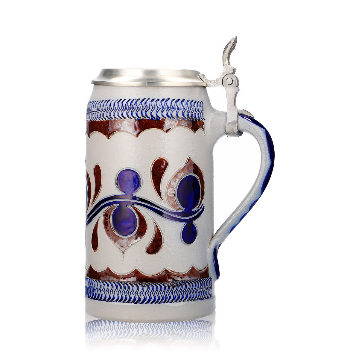 Rastal Beer Glass Stone Jug 1.18 L with Pewter Lid, Blue Horizontal Pattern, Stoneware – View 5