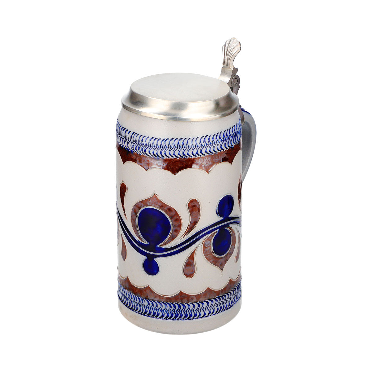Rastal Beer Glass Stone Jug 1.18 L with Pewter Lid, Blue Horizontal Pattern, Stoneware – View 6