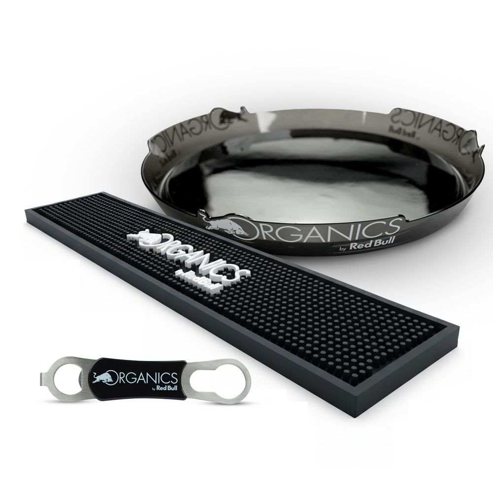 Red Bull Energy Bar Bundle Set II consisting of Organics bar mat, bottle opener, and tray