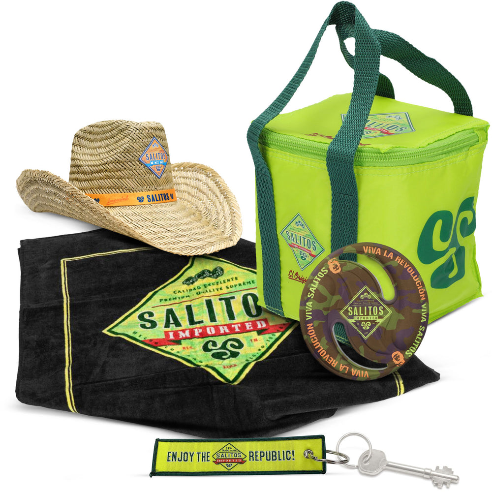 Salitos Beach Bundle Set I consisting of beach towel, straw hat, Frisbee, and cooler bag