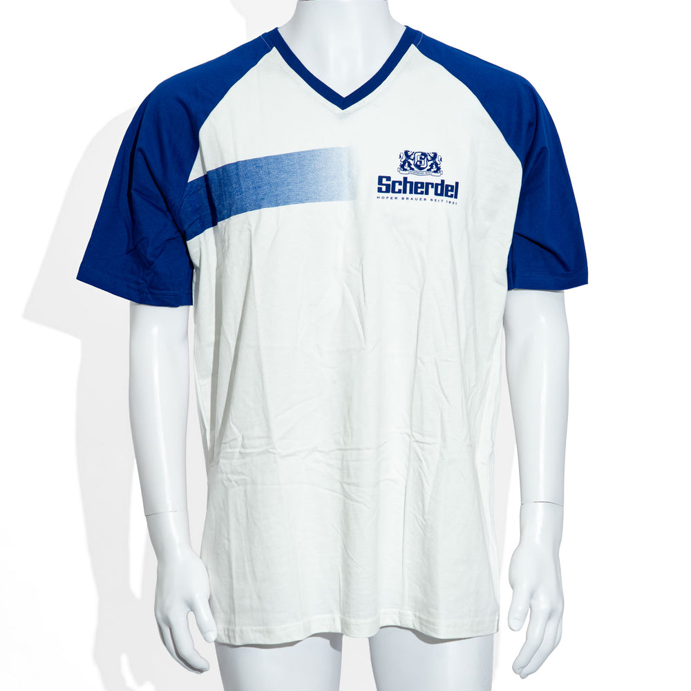 Scherdel Beer Glass White XL V-Neck Blue-Sleeved Cotton T-Shirt