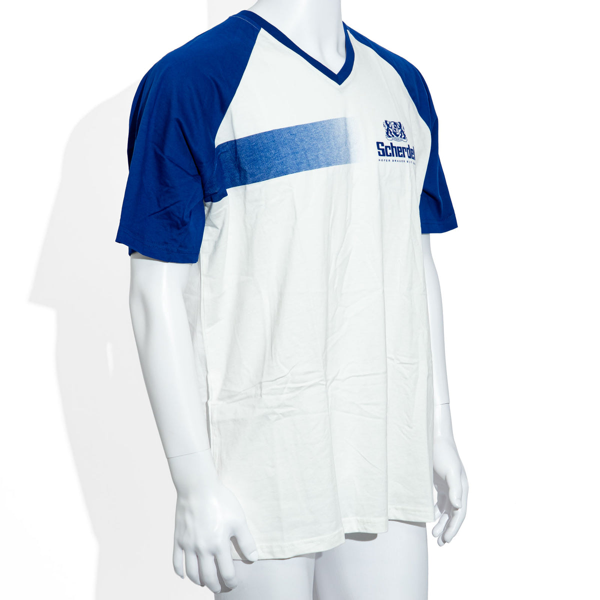 Scherdel Beer Glass White XL V-Neck Blue-Sleeved Cotton T-Shirt – View 2