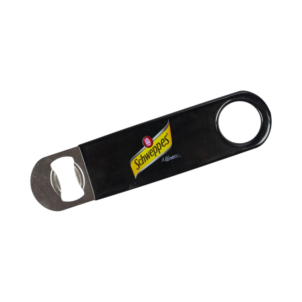 Schweppes bottle opener, black metal with yellow logo, bottle opener, Brazubehör