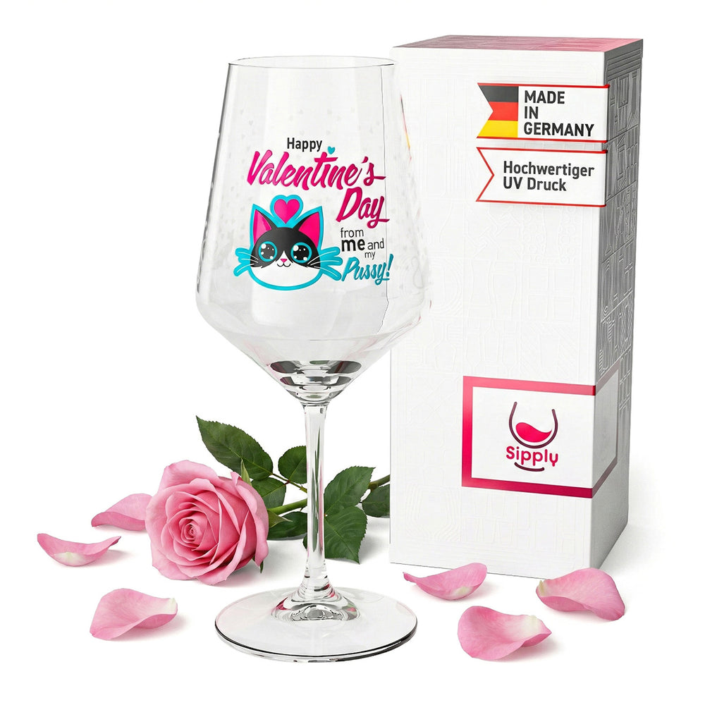 Sipply wine glass for Valentine's Day with cat + "Happy Valentine's Day" saying Gift 0.5 l