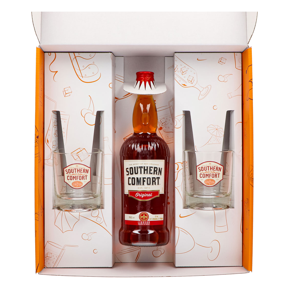 Southern Comfort Geschenkset 0,7l Flasche 35,0 % Vol. + Tumbler Gläser–Orange – Ansicht 4