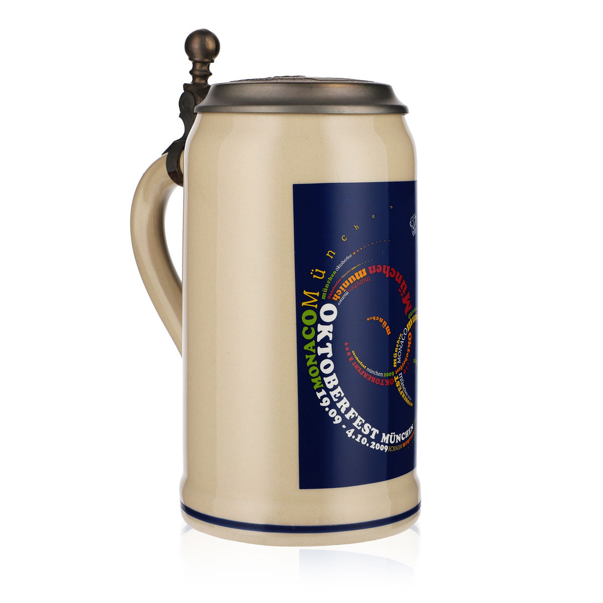 Stoneware beer mug, 1.0 l, clay jug, Oktoberfest Munich 2009, with pewter lid – View 2