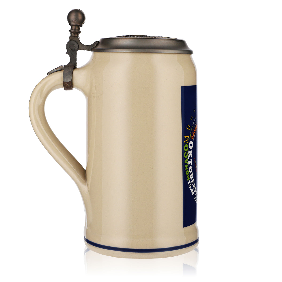 Stoneware beer mug, 1.0 l, clay jug, Oktoberfest Munich 2009, with pewter lid – View 3