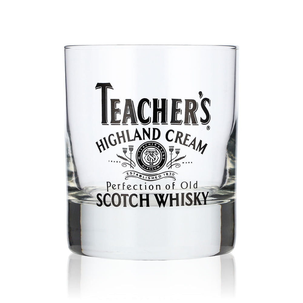 Teachers Whiskey Glass 0.2 L Tumbler with Black Logo, Old Fashioned Lowball Whiskey Glass