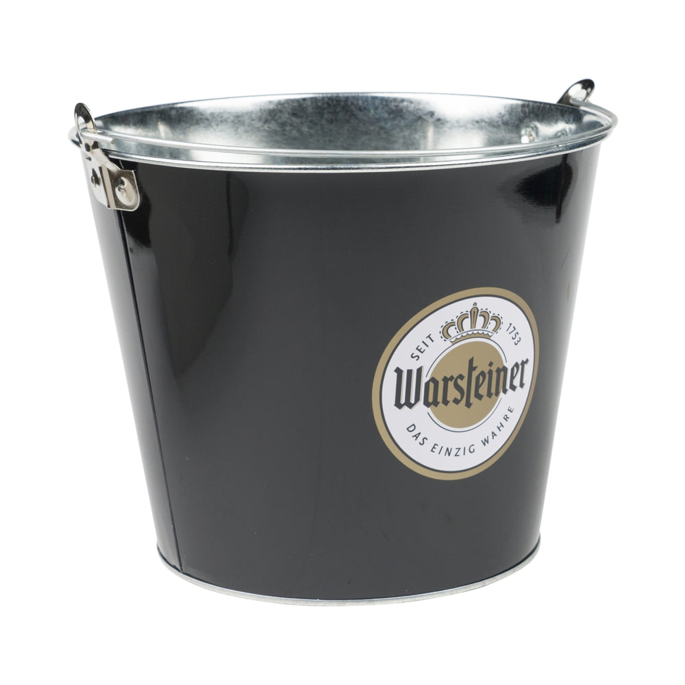 Warsteiner beer ice bucket cooler with handle, bottles, ice cubes, bucket, metal box, bar