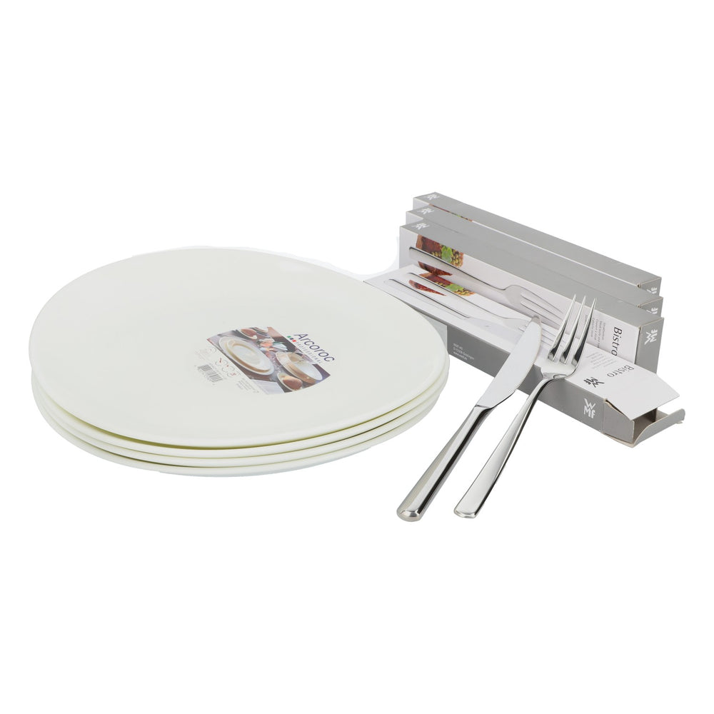 WMF Household Goods Grill Set for 4, 4 x steak cutlery, 4 x Arcoroc dinner plates