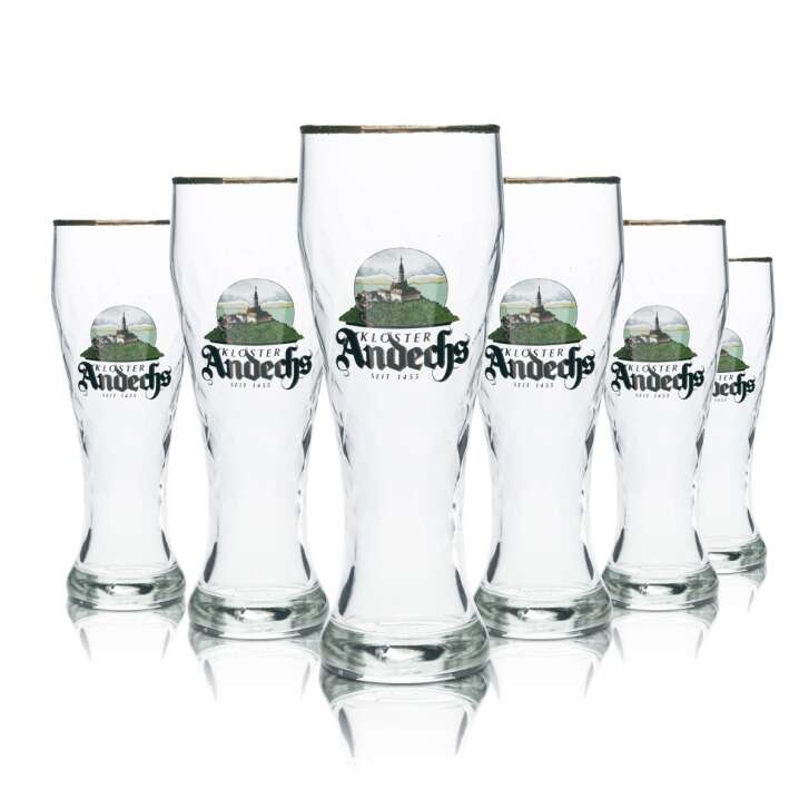 6x Kloster Andechs beer glass 0,3l Hefe Weizen wheat beer gold rim glasses Gastro