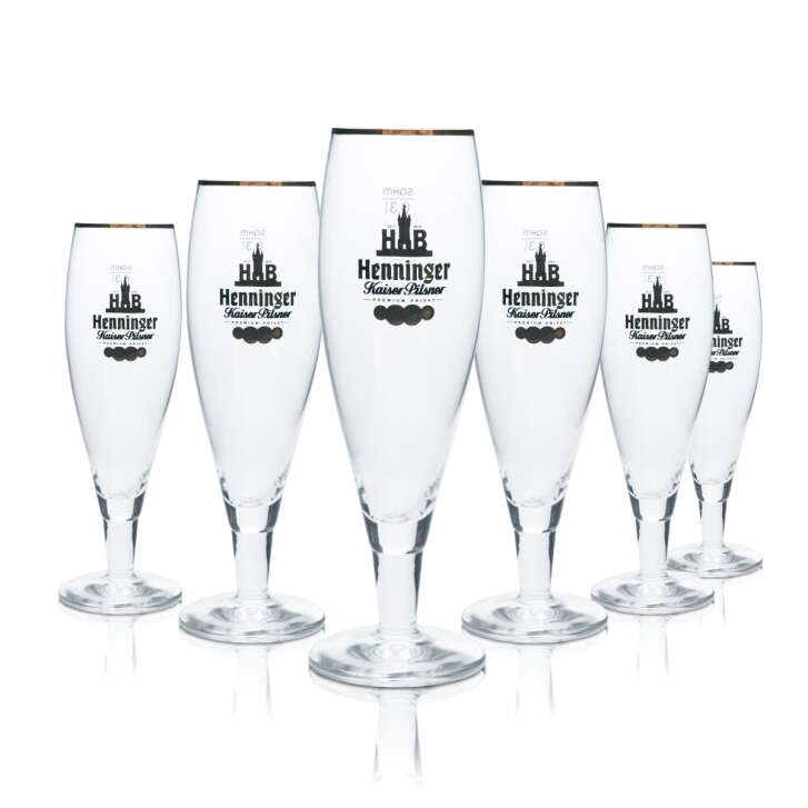6x Henninger beer glass 0,3l goblet tulip gold rim glasses gastro brewery pub