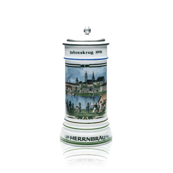 Herrnbräu Bierkurg glass jug 1991 pewter lid certificate collector tankard