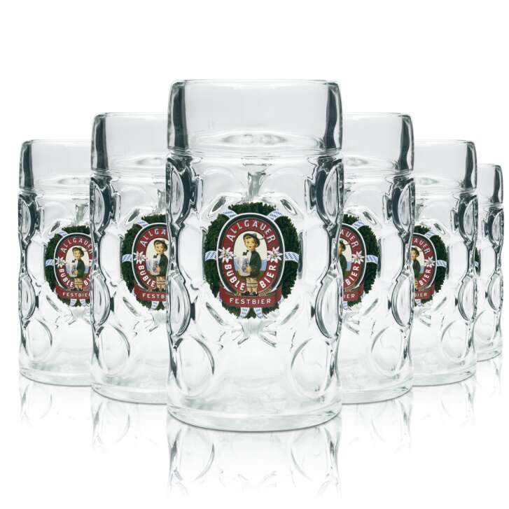 6x Allgäuer Büble glass 1l beer mug "Festbier" tankard Seidel jugs glasses relief