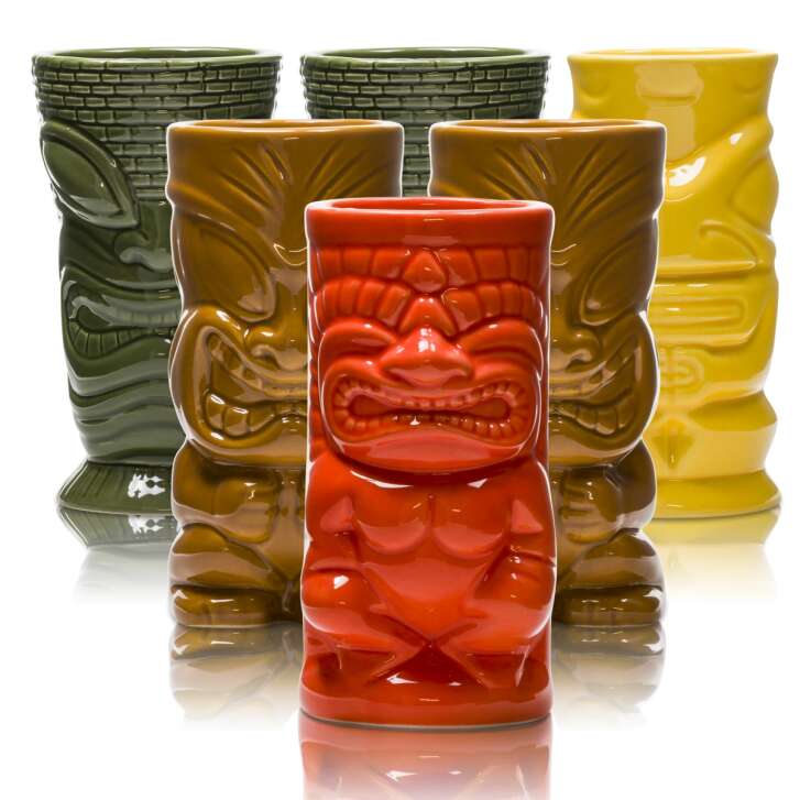 6x Mahiki rum glass clay mug colorful 2 green + 2 brown + 1 red + 1 yellow