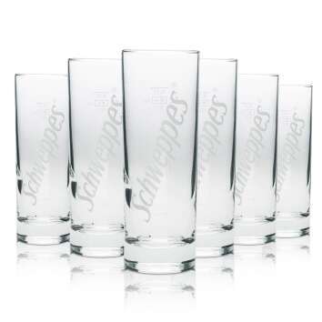 6x Schweppes soft drink glass long drink round white writing