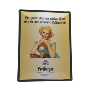 1x Freiberg beer tin sign woman "A good beer a nice...