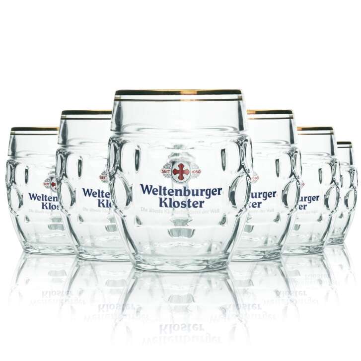 6x Weltenburger monastery beer glass 0.4l mug tankard Seidel gold rim glasses oak