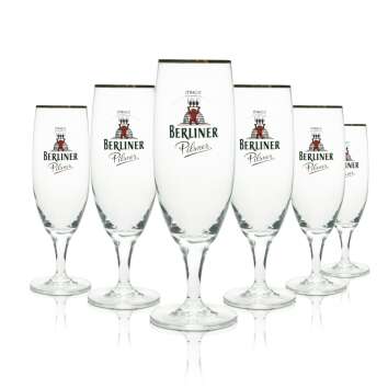 6x Berliner Pilsener beer glass goblet 0.3l gold rim Logo...