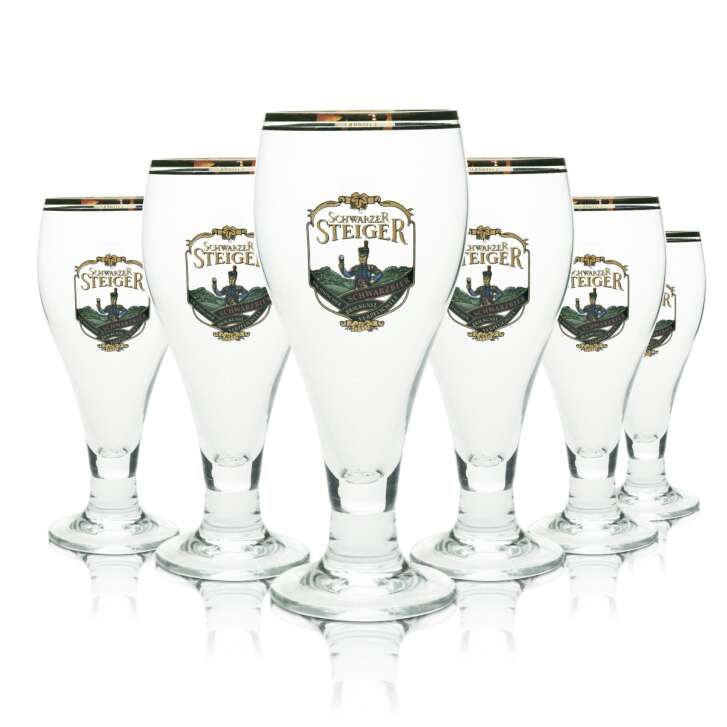 6x Schwarzer Steiger beer glass goblet black beer 0.3l gold rim double logo gold Ritzenhoff