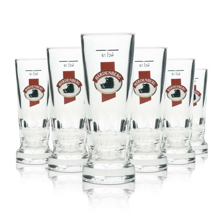 6x Hardenberg schnapps glass shot elongated red logo 4cl Rastal