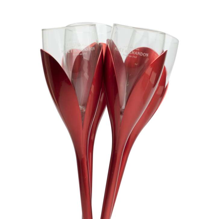 Moet Chandon Champagne 4x glass + holder in tulip shape red glasses Rare Rare
