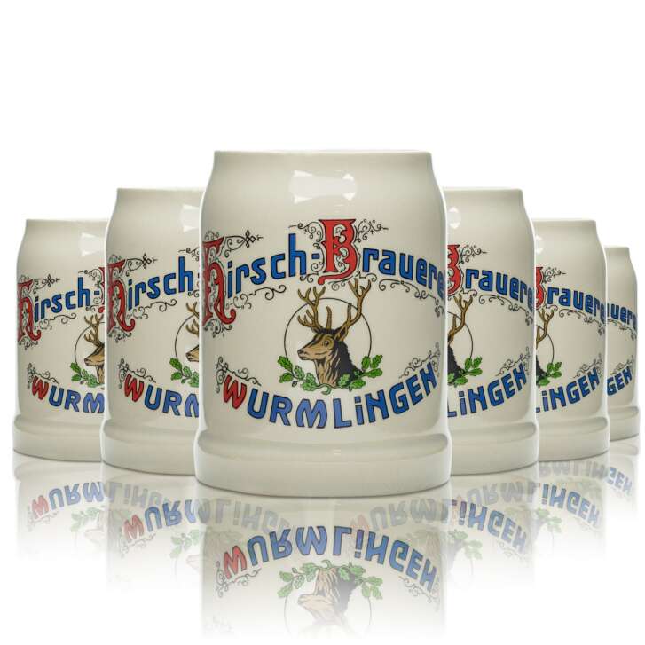 6x Hirsch Bräu beer glass 0,5l clay jug handle Wurmlingen glasses Seidel jugs brewery