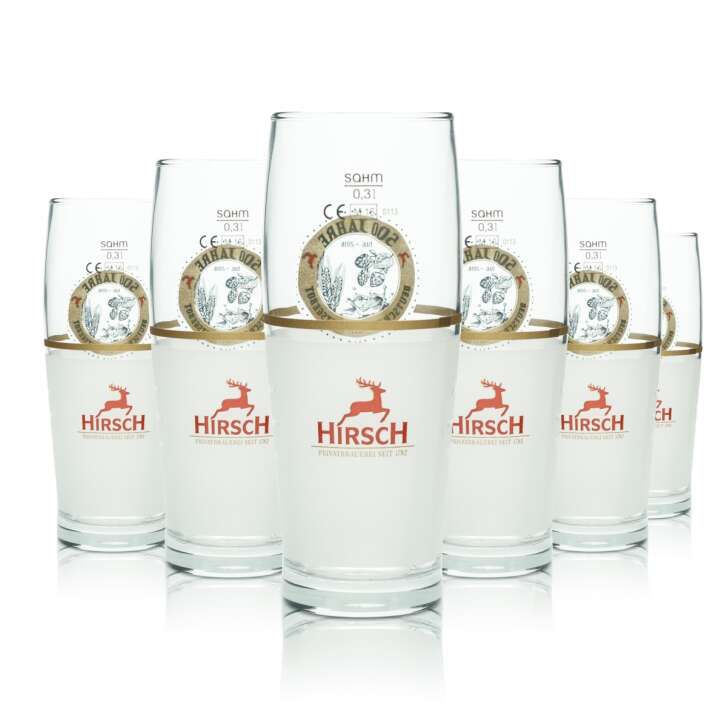 6x Hirsch Bräu beer glass 0.3l 500 years German Purity Law Milk glasses