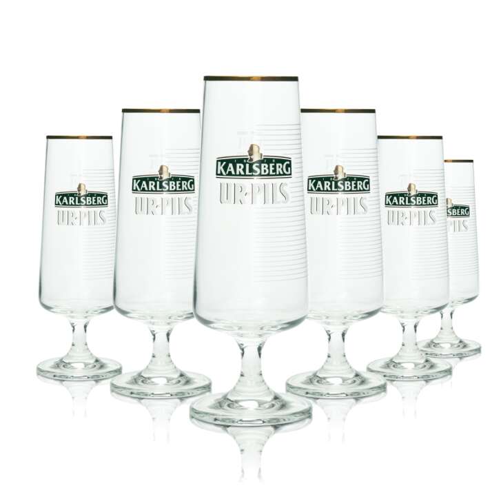 6x Karlsberg beer glass 0,3l Urpils goblet gold rim Sahm tulip glasses brewery bar