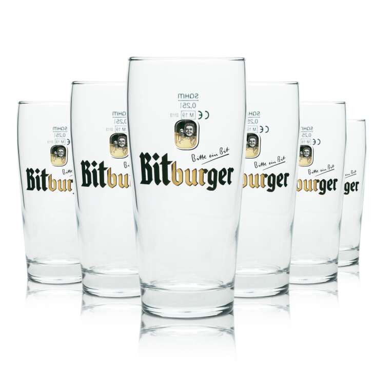 6x Bitburger beer glass 0,25l Willi Becher Sahm Pils glasses Willy Cup brewery