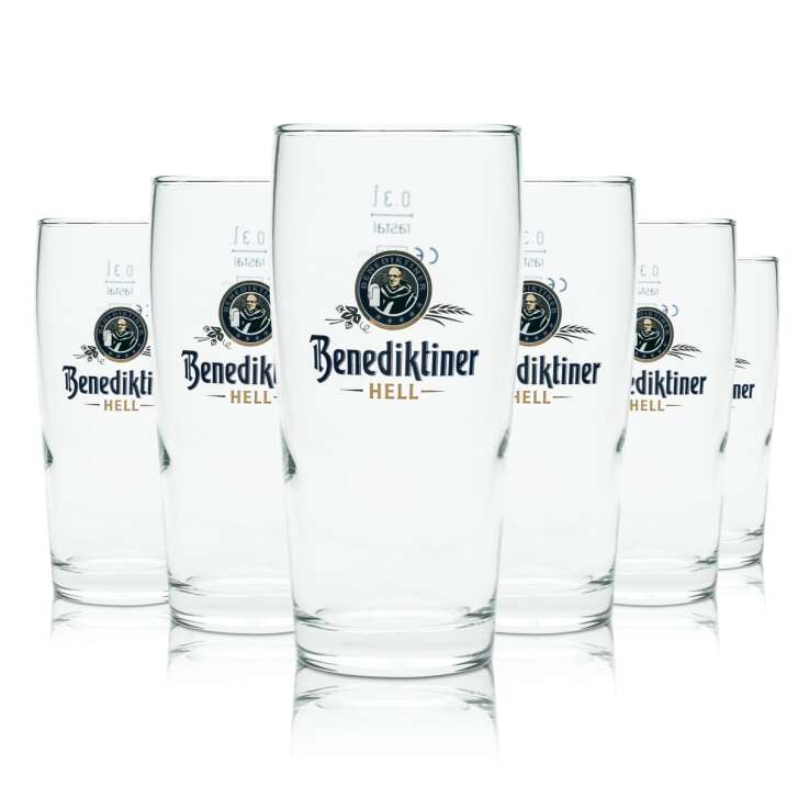 6x Benediktiner beer glass 0,3l Willi Becher "Hell" Sahm brewery tumbler glasses