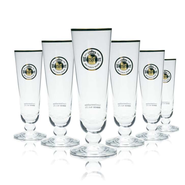 6x Warsteiner beer glass 0.1l tulip gold rim glasses flute goblet Stielgas brewery