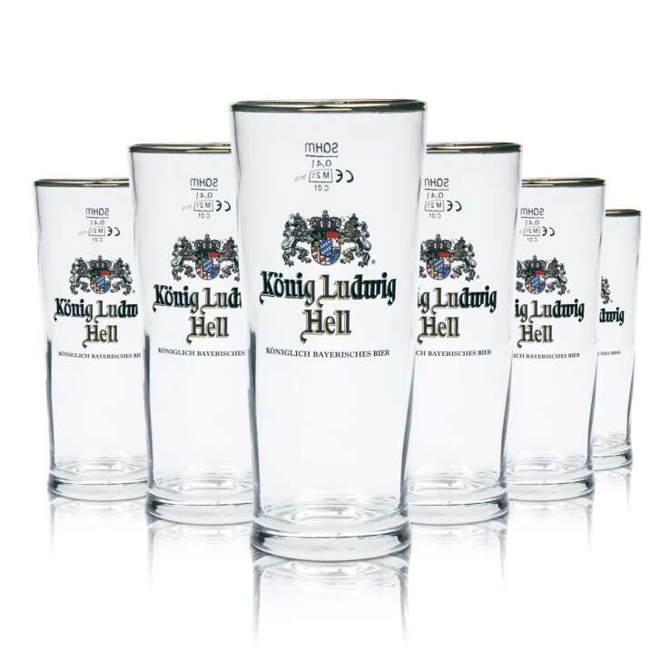 6x King Ludwig Beer Glass Light 0.4l Willi Mug Gold Rim Glasses Tumbler Bar