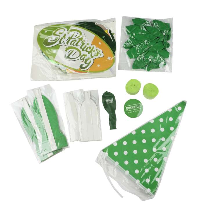 1 Bushmills Whiskey Party Set St. Patricks Day 50x balloons 30x pins/brooches 6x garlands 2x masking tape new